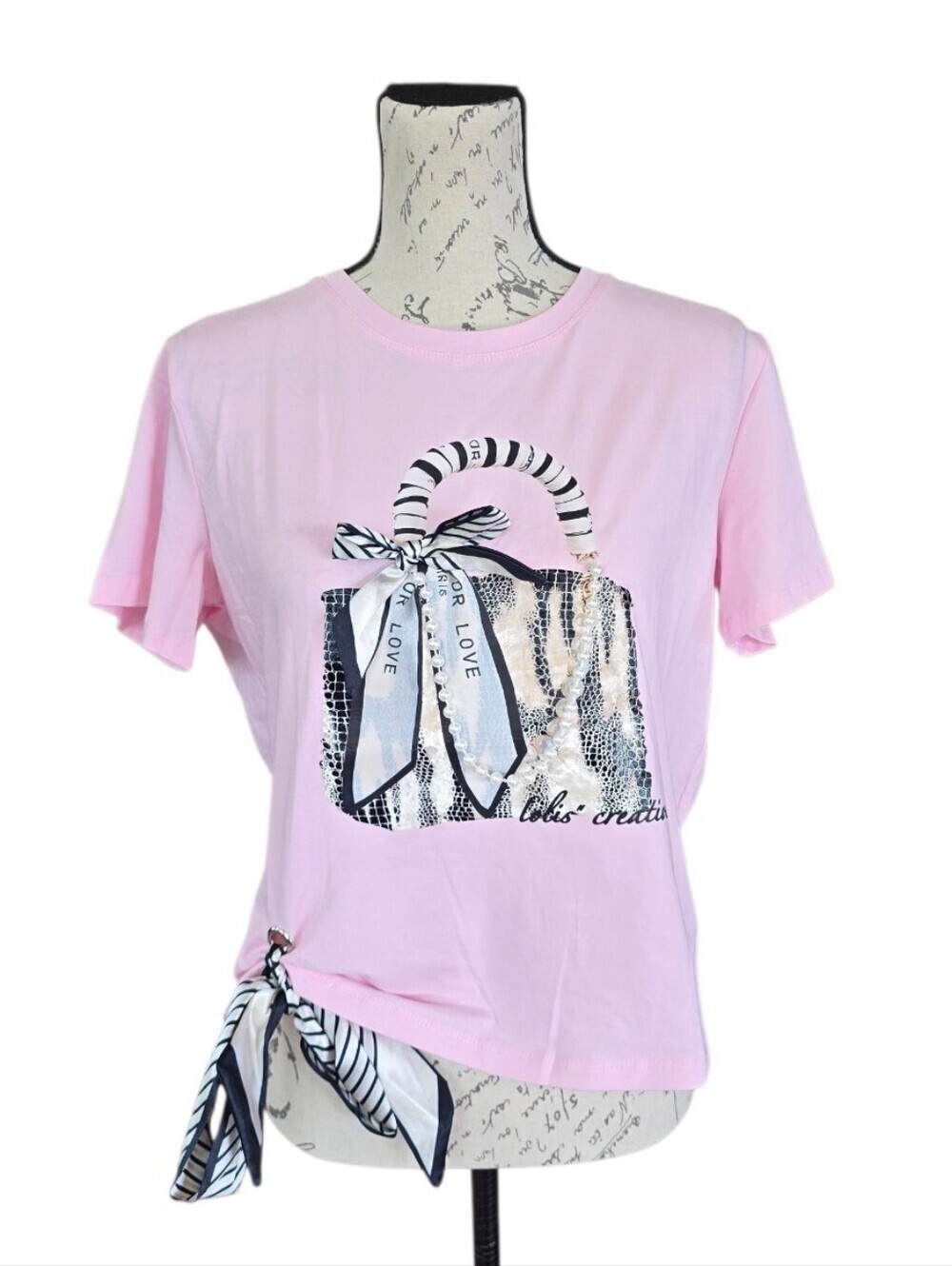 Pastel Pink Handbag Embellushed Graphic Short Sleeve Top L